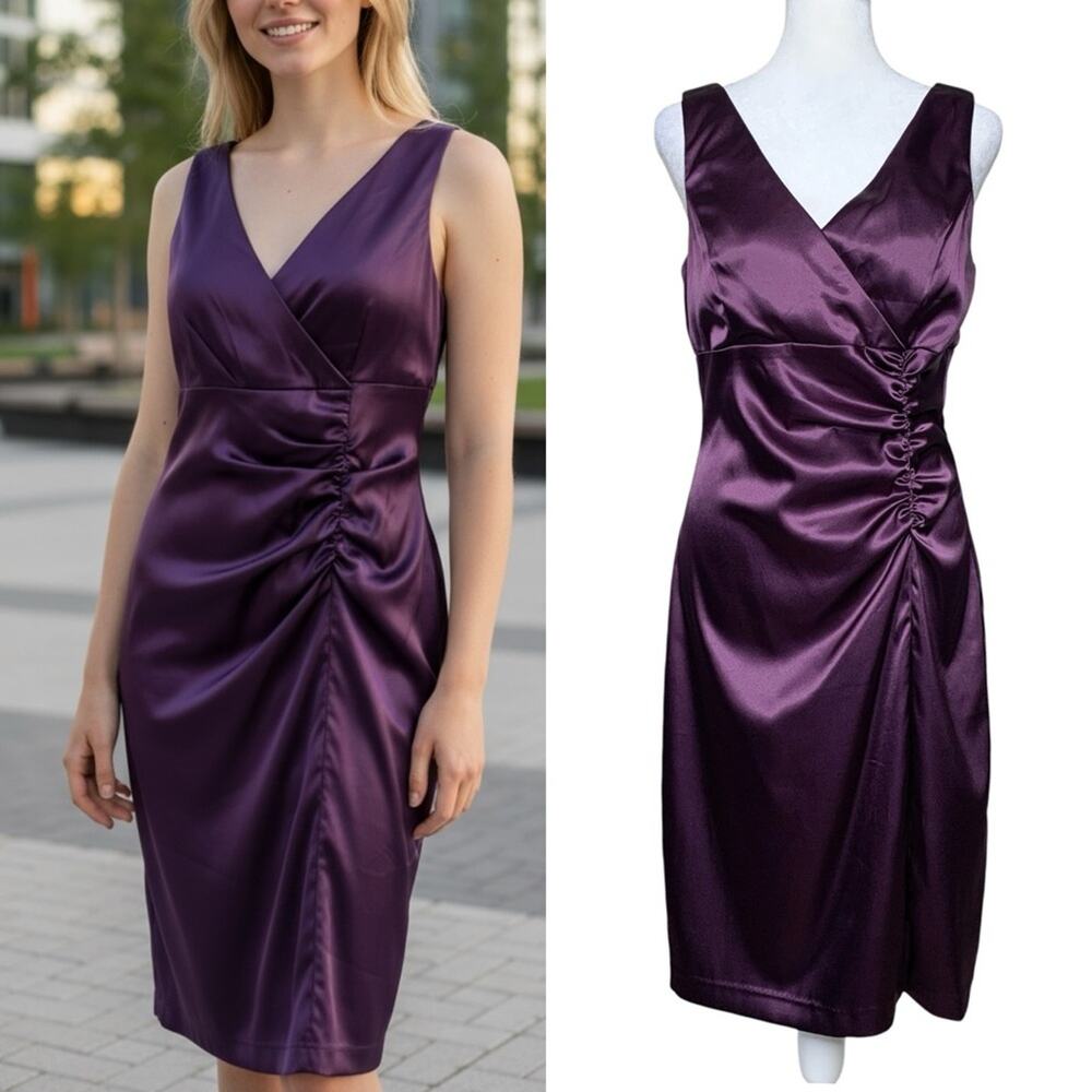 Betsy Adam Satin Ruched Sheath Dress 10 Purple Plum Faux Wrap Cocktail Midi Gown